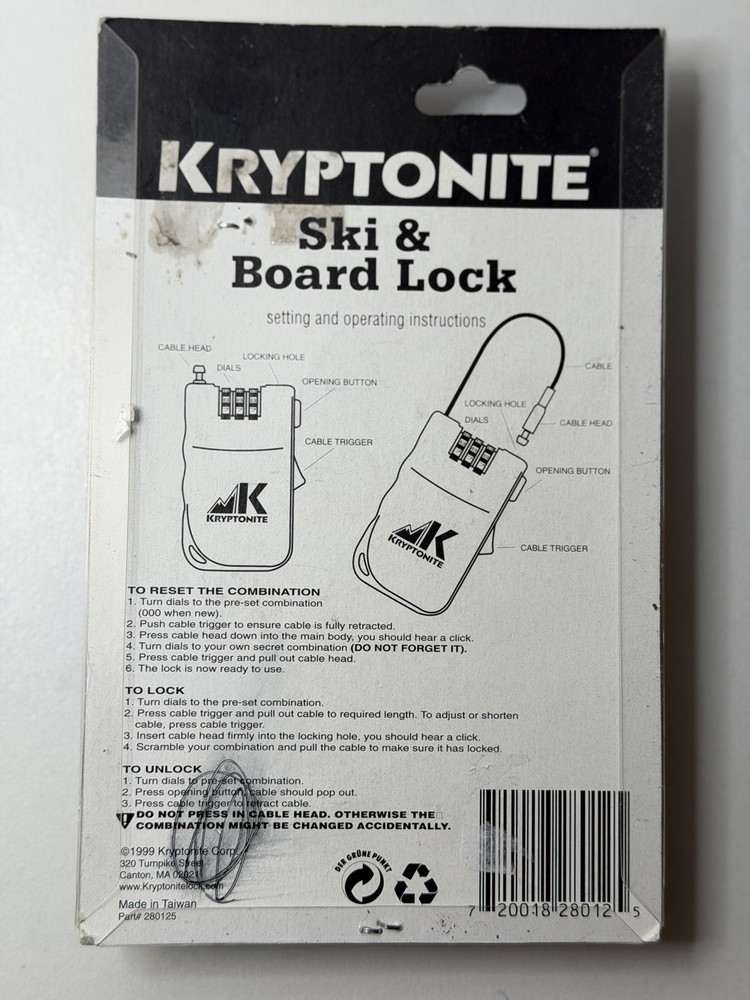 Kryptonite Yellow Retractable Combination Ski & Board Lock Ski Snowboard