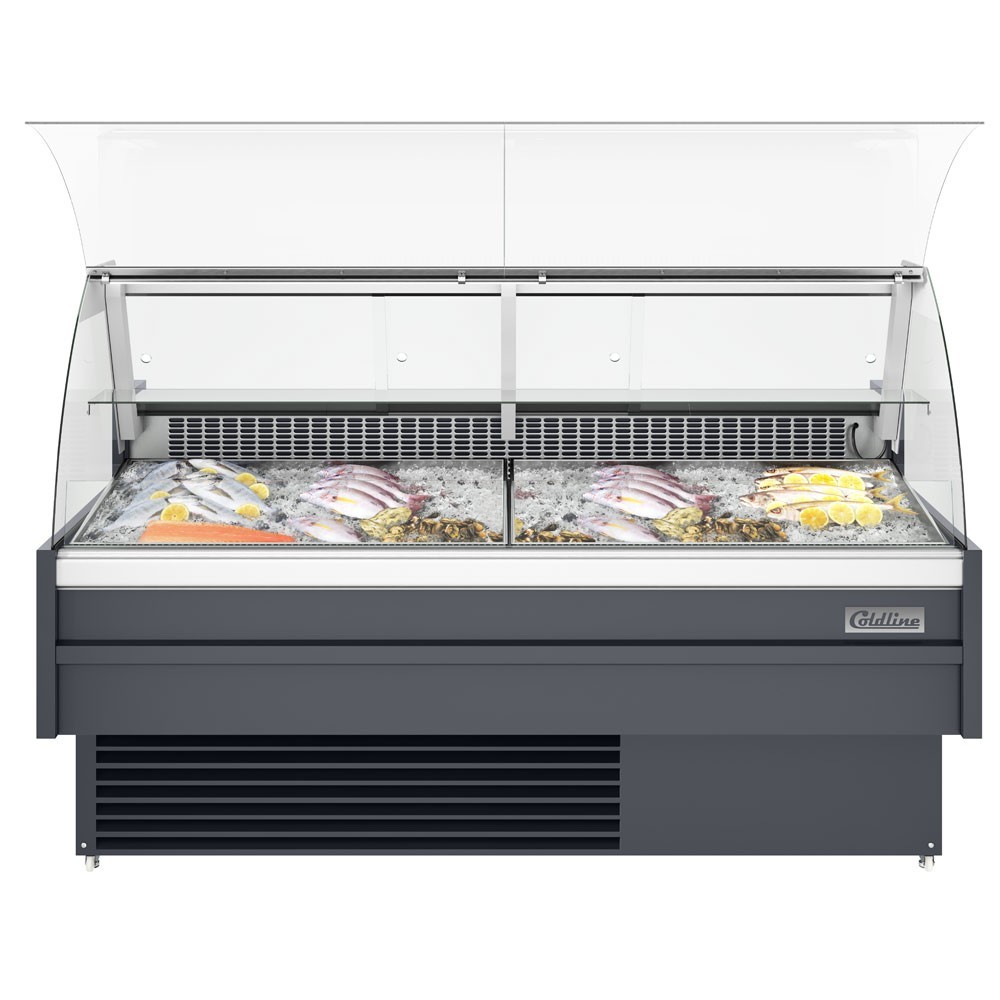 72" Curved glass fish case with refrigerated storage underneath