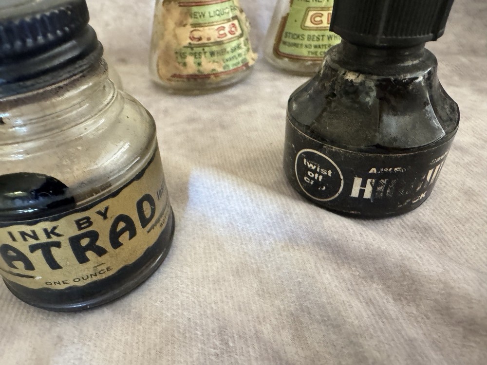 LOT Vtg 7 School Jars- 4 Carter's Cico Liquid Paste Glue Bottles 3 Assorted Inks