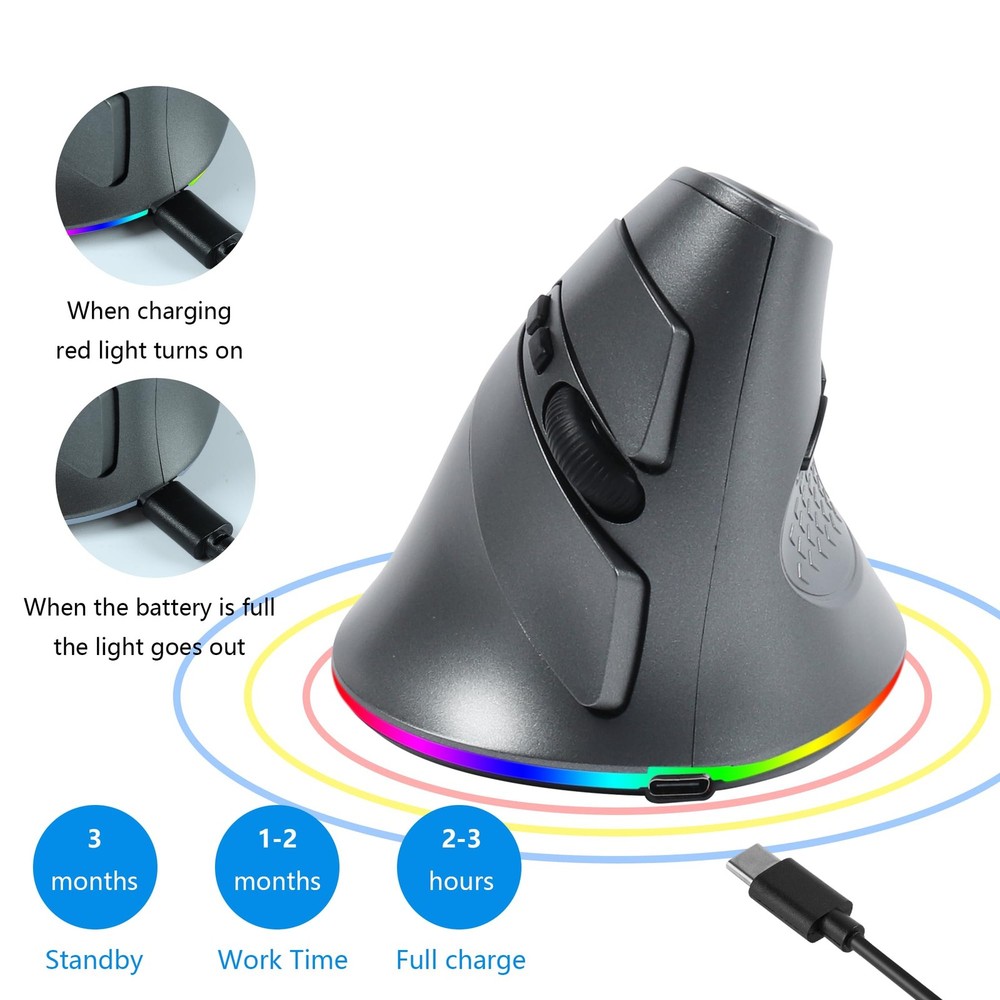 2.4G Wireless Mouse Ergonomic Vertical Bluetooth RGB USB Receiver Grey