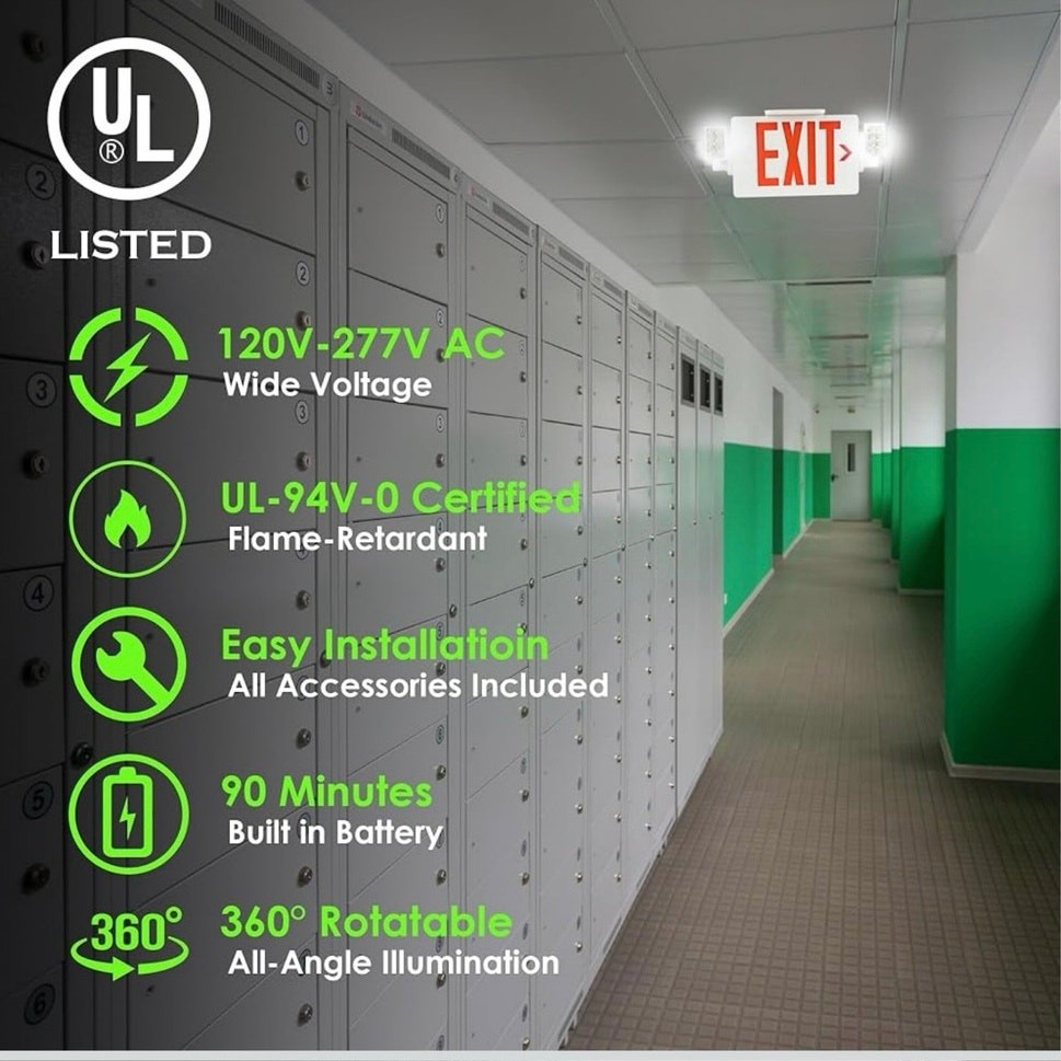 Combo Exit Sign, Light with 2 Adjustable Heads and Double, Back Up Batteries