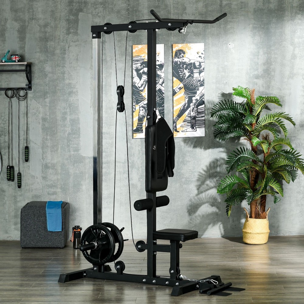 Cable Machine Lat Pull Down Machines with Flip-Up Footplate, Black
