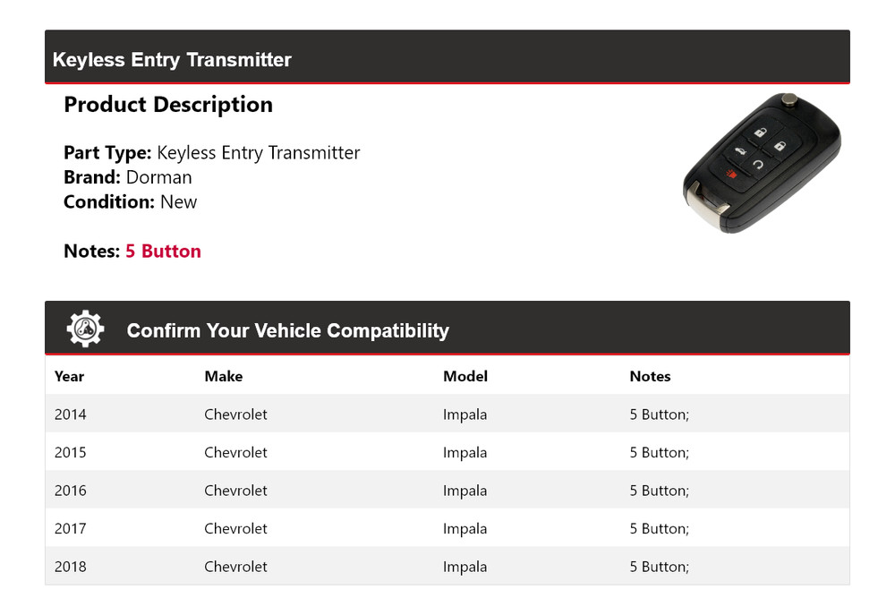For 2014-2018 Chevrolet Impala Dorman Keyless Entry Transmitter 2015 2016 2017
