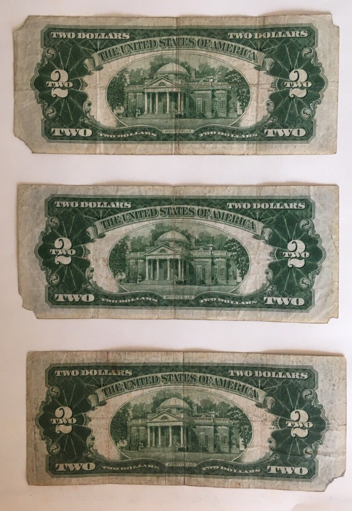 Group of 3 1928 E $2.00 TWO DOLLARS RED SEAL NOTES circulated MISSING CORNERS