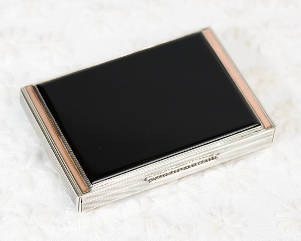 Art Deco Solid Sterling Silver Rose Gold & Onyx Box / Case - Hallmarked 1936