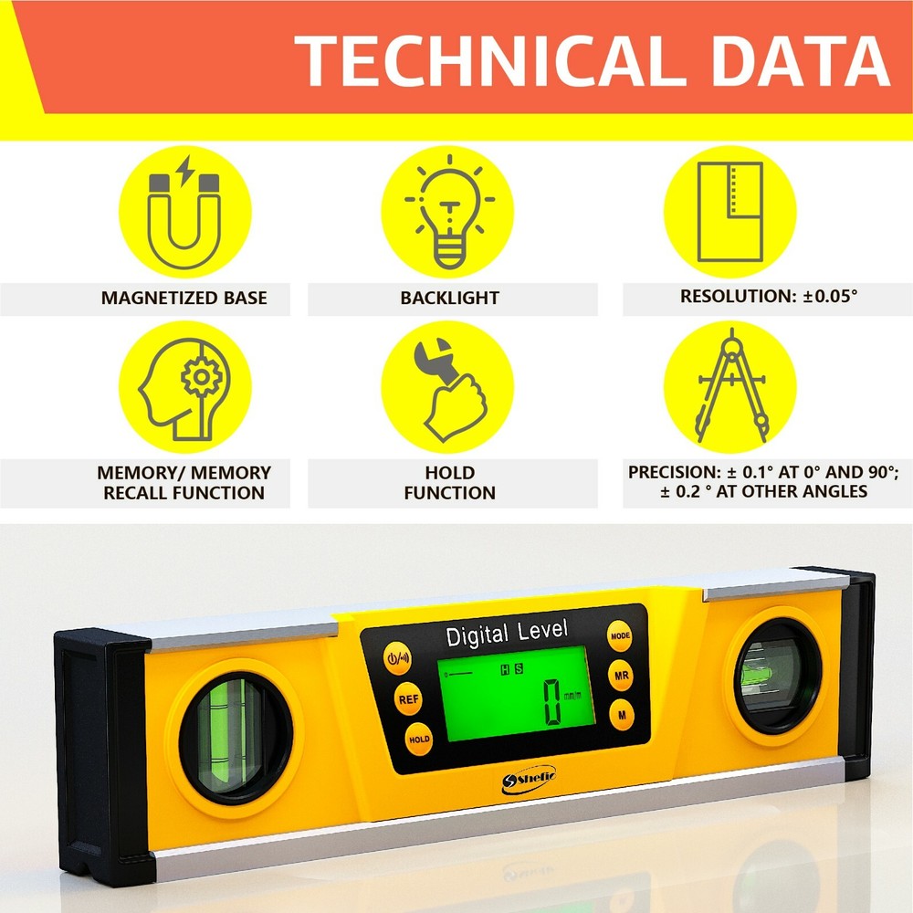 10 Inch Digital Magnetic Level Tool - Torpedo Smart Level and Protractor