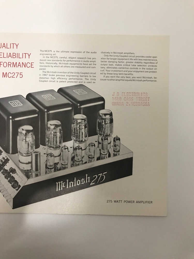Mcintosh 275 Amplifier brochure/spec sheet
