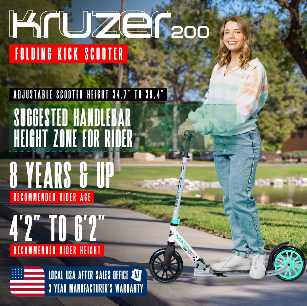 Large Folding Kick Scooter – Adjustable Handlebar – Big 200mm Wheels