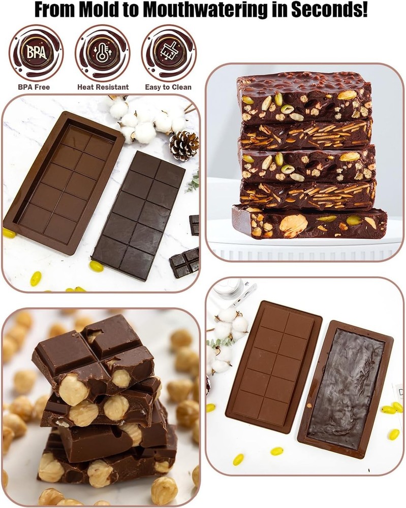 Dubai Chocolate Bar Mold Silicone Chocolate Bar Molds Deep Rectangular 2 Pack
