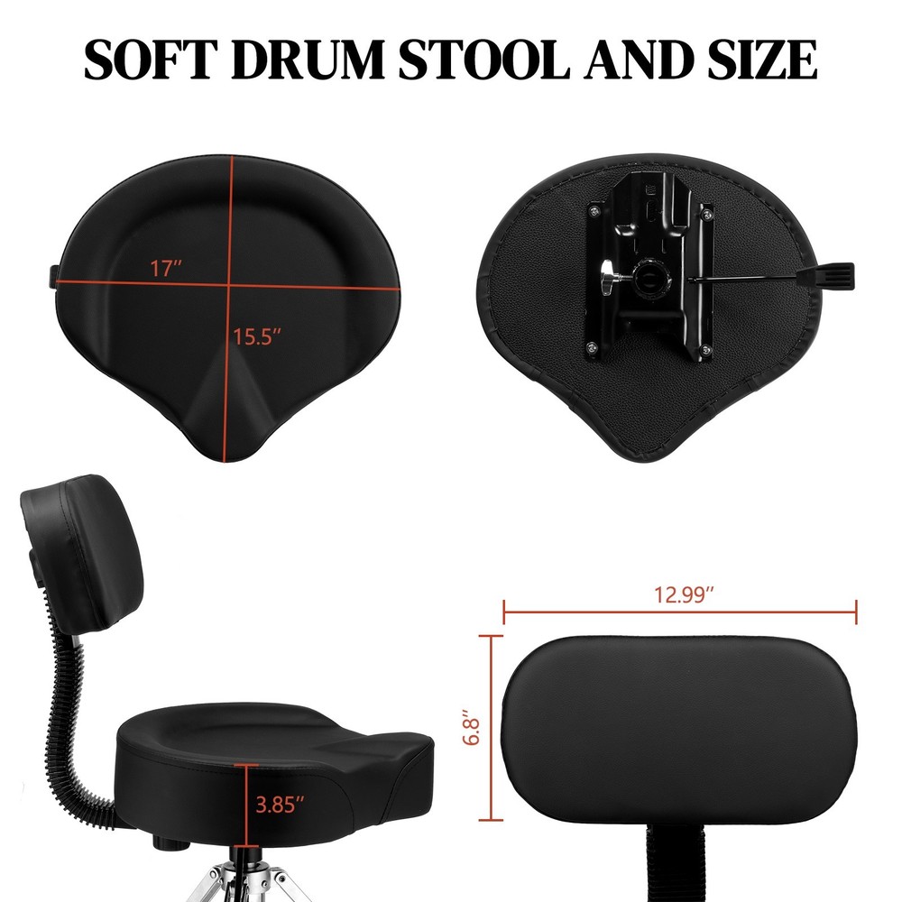 Drum Throne w/ Backrest, Hydraulic Drum Stool Adjustable Height Drum Seat Saddle