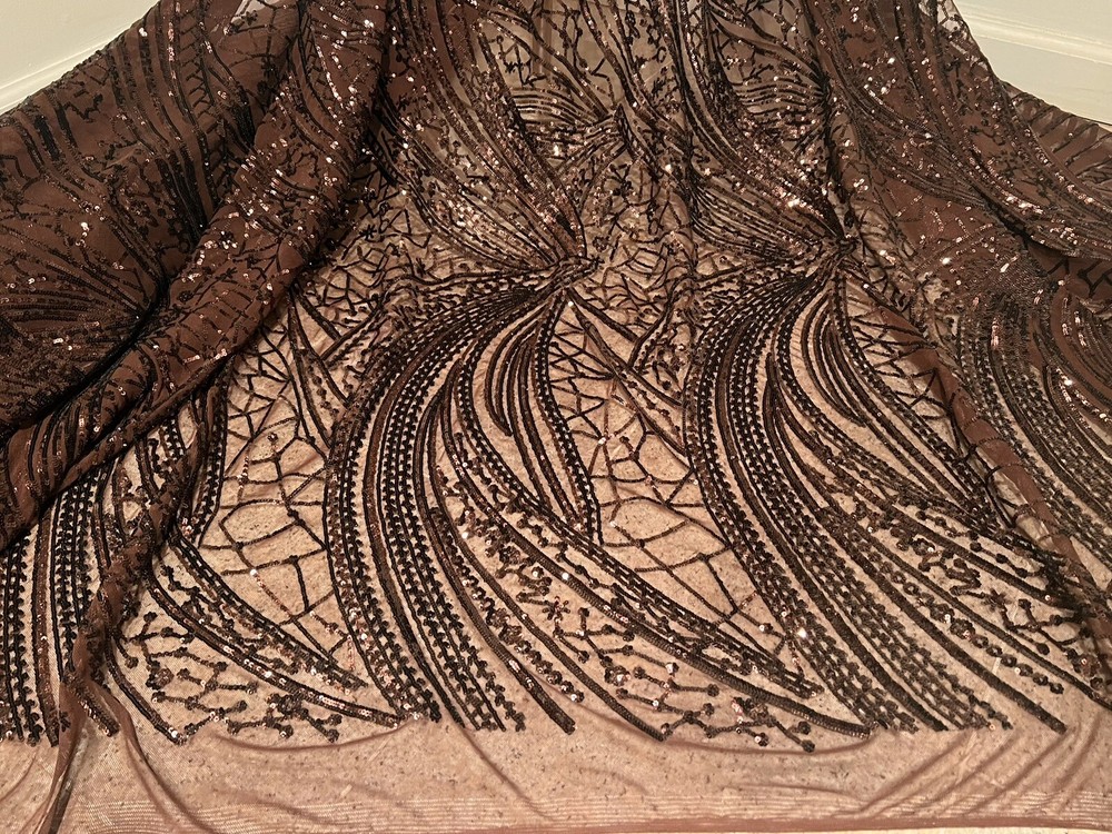 Brown 4way stretch sequins Embroidery Mesh Lace fabric 50” Width 1 Yard
