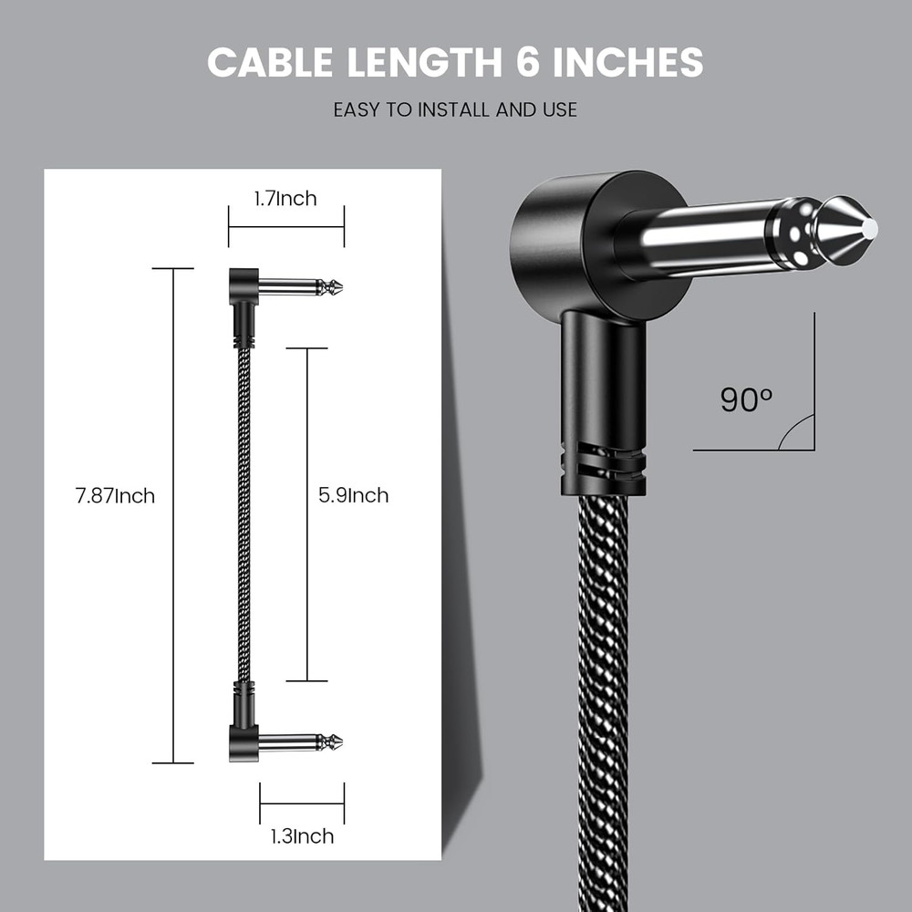 Guitar Patch Cables 6-Pack, 6-Inch Right Angle 1/4" TS Flat Cables