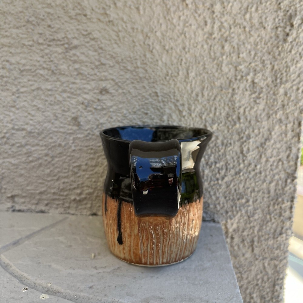 Studio Pottery Mug Cup Black Drip Glaze Green Inside Cup