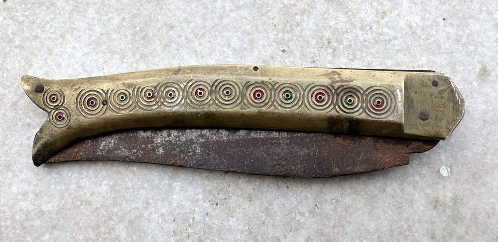 Antique Old Hand Crafted Brass Handle Iron Blade Folding Locking System Knife