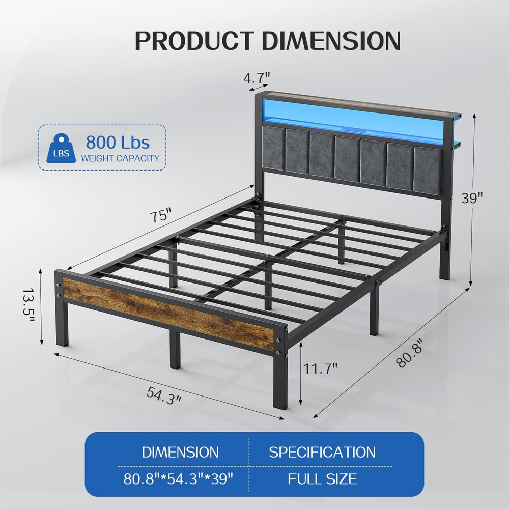 Full Size Platform Bed Frame with LED Lights, Charging Station, Grey Upholstered