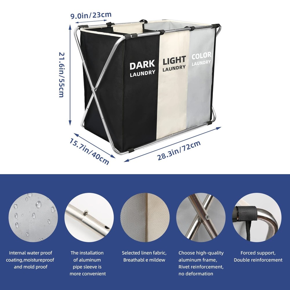 Laundry Cloth Hamper Sorter Basket Bin Foldable 3 Sections with stainless ste...