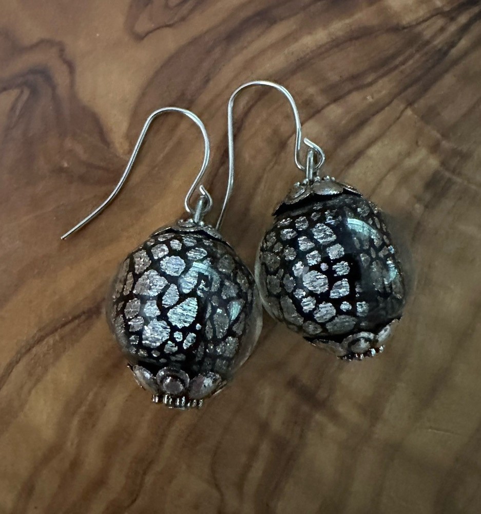 Silver & Black Crackle Round Glass Beaded Hook Dangle Earrings