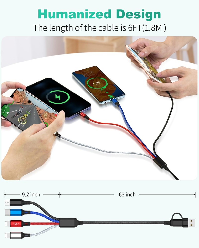6 in 1 Multi Charging Cable, 3Pack 6FT Multiple 6FT, Black