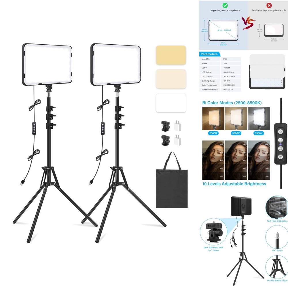 2 Pack Adjustable LED Video Light & 63" Tripod Perfect for Vlogging & Streaming