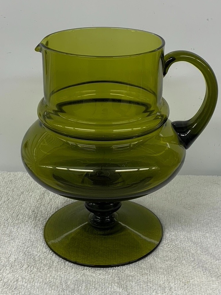 BLOWN GLASS FOOTED PITCHER  ---  OLIVE GREEN