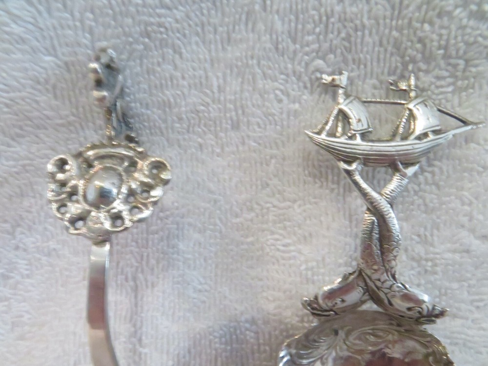 1900 german & dutch silver 2 Tea Caddy Spoons Repousse Scene