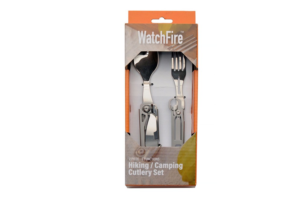 New Camping Cutlery Set Mess Kit WatchFire Compact 2 Pc 6 Function Stainless