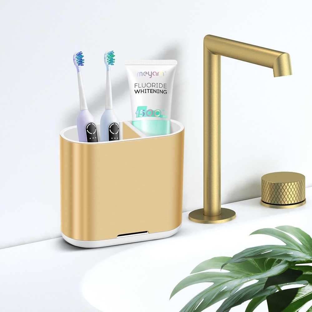 Chintu Toothbrush and Toothpaste Holder with Divider for Bathroom Gold