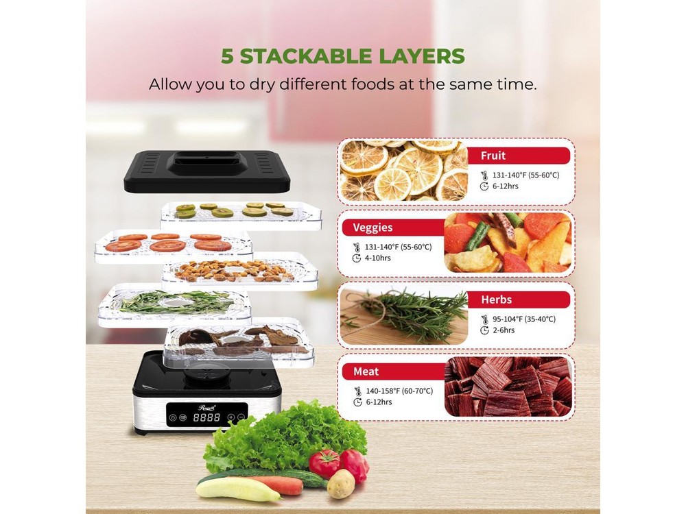 Rosewill Compact Food Dehydrator, 5 Stackable Trays with Adjustable 48H Timer an