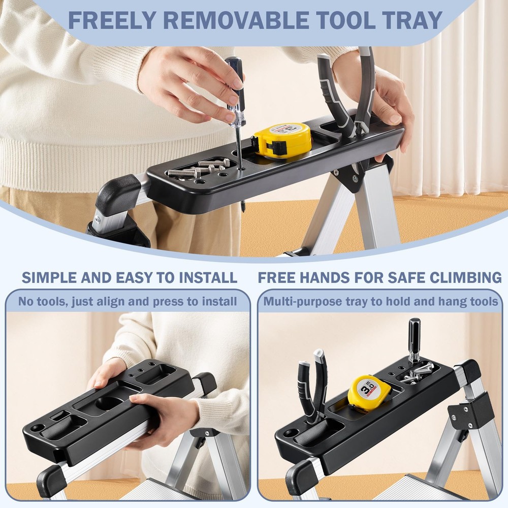 XinSunho 5 Step Ladder, Retractable Handgrip Folding 5 step, Silver