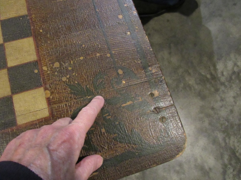 ANTIQUE ORIGINAL 1800's FOLDING CHESS CHECKERBOARD TABLE SOLID PLANK TOP