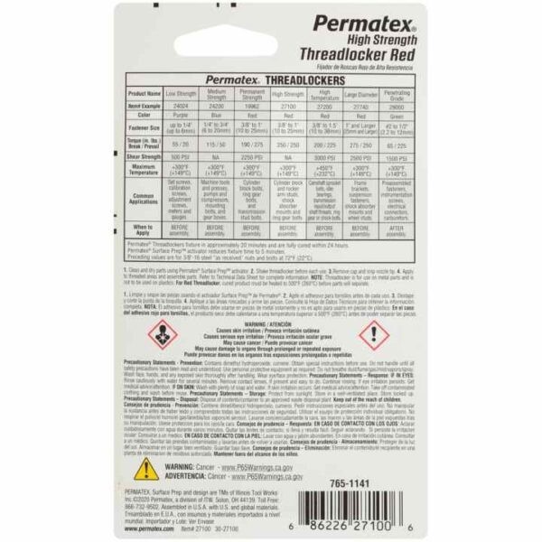 Permatex® 27100 - 6ml High Strength Threadlocker Red
