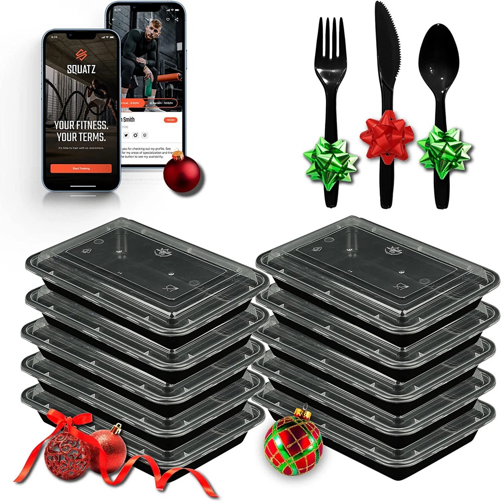 Microwavable Food Container W/ Utensil Set Black Rectangular Meal box storage W/