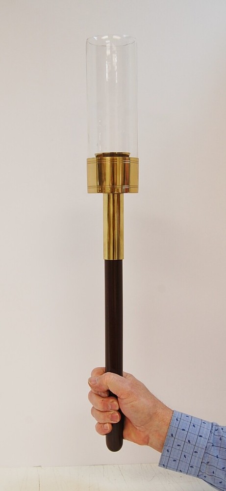 BRASS PROCESSIONAL HAND HELD TORCH / CANDLESTICK / ACOLYTE WOOD HANDLE (#309)