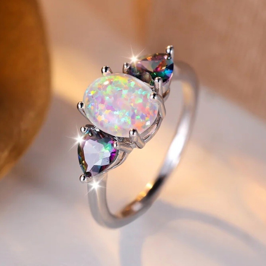 925 Sterling Silver Fire Rainbow Opal Mystical Topaz Engagement Ring Size 7