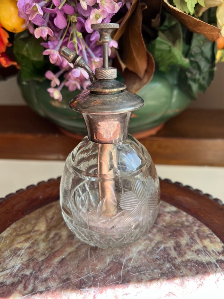 ANTIQUE STERLING SILVER CUT GLASS PERFUME BOTTLE ATOMIZER