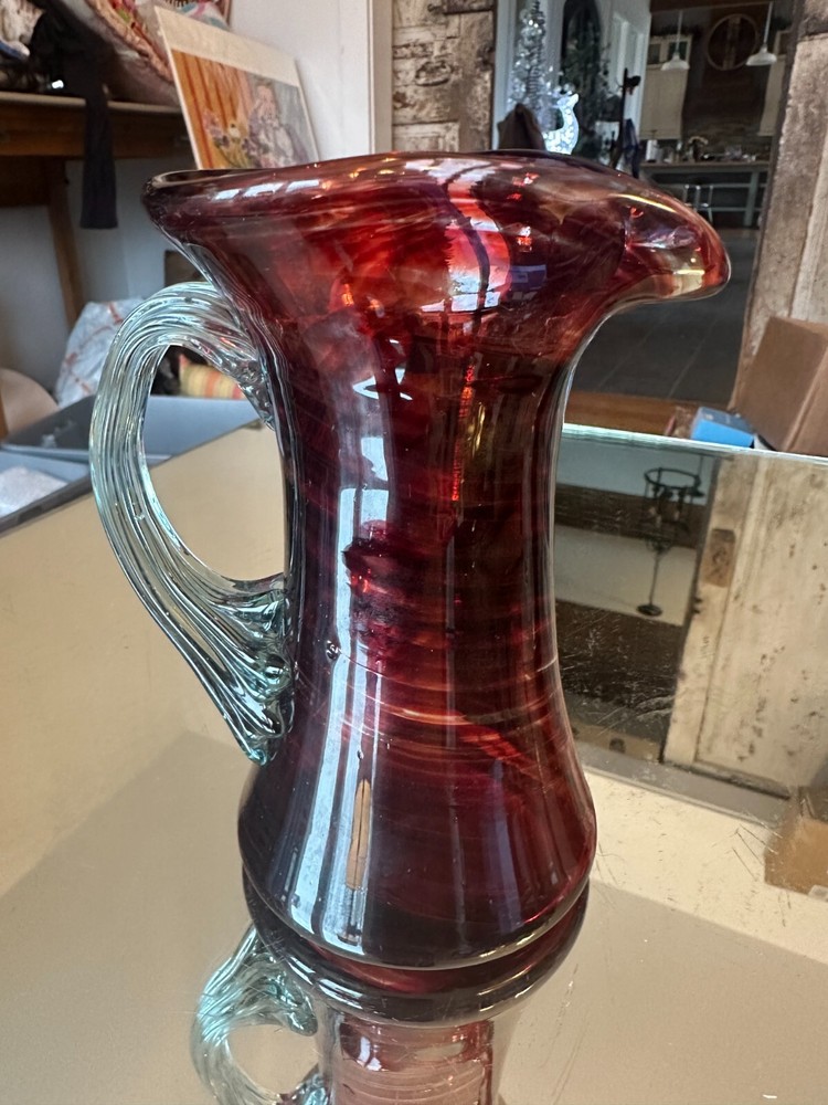 Hand blown Glass Ruby Red Pitcher Applied Ribbed Clear Glass Handle Bubbles Read