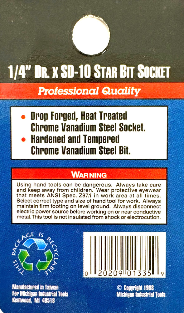 1/4" DRIVE SD-10 STAR BIT SOCKET MIT 1335
