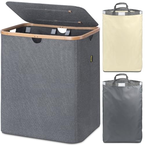 Laundry Hamper with Lid, Tall Laundry Baskets with Bamboo Pull 140 liters Grey