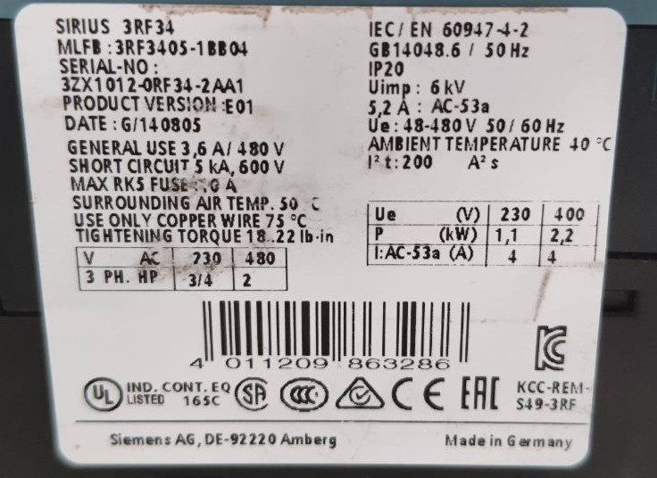 SIEMENS SOLID-STATE RELAY SIRIUS 3RF3405-1BB04 USED