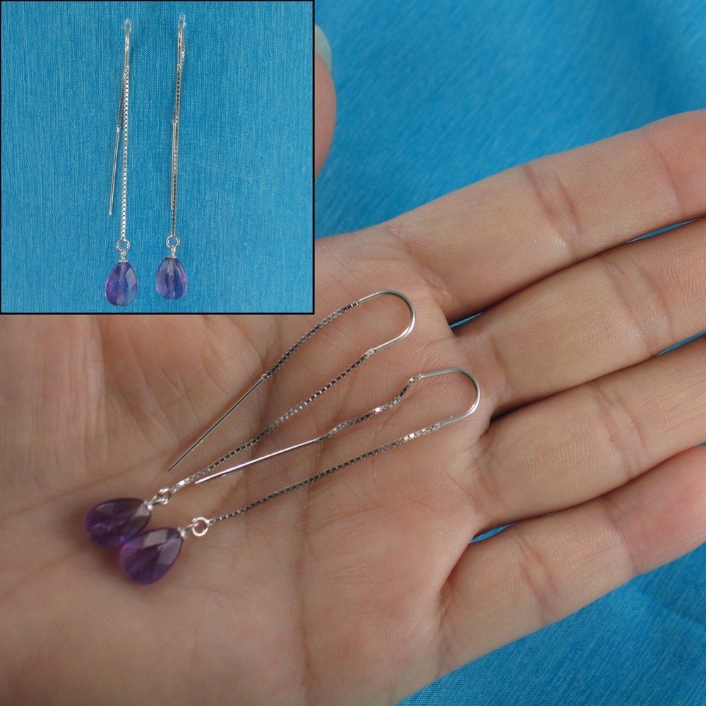 Solid Sterling Silver 925 Amethyst Drop Box Chain Hook Earrings