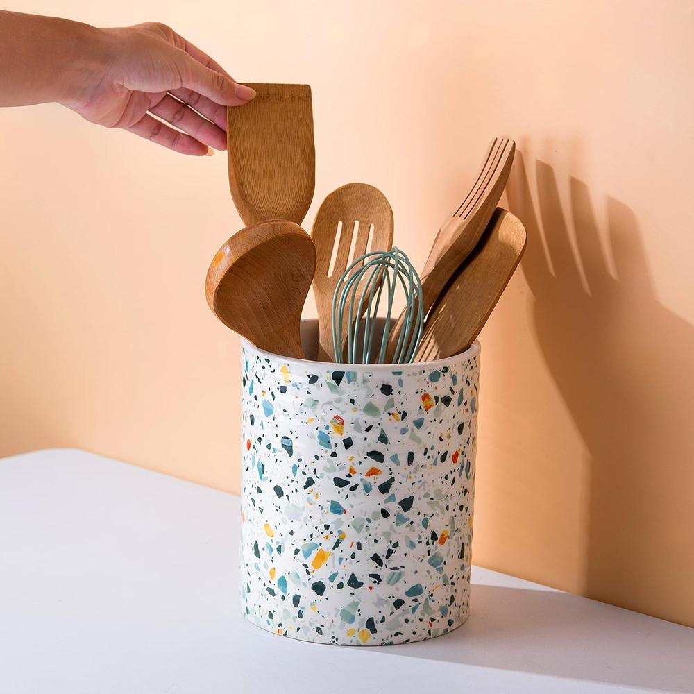 Kitchen Utensil Holder,7.2″Extra Large Stable Terrazzo Marble Pattern Ceramic Ut