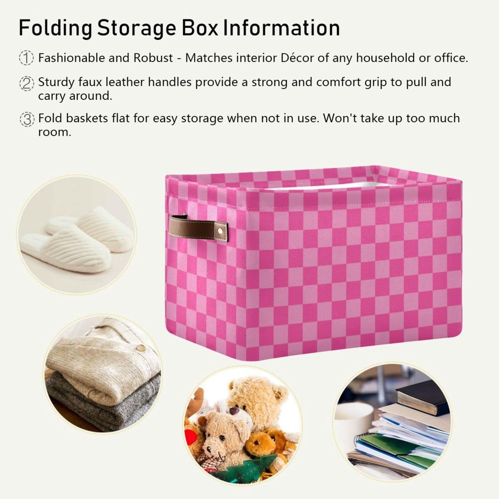 Emelivor Pink Checkered Storage Basket Bins Foldable Laundry Hamper Storage B...