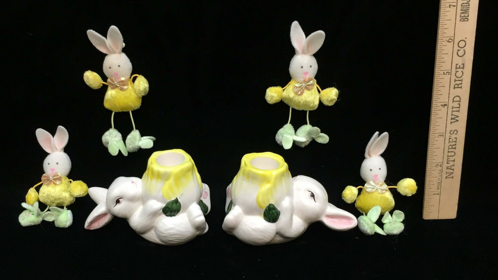 Easter Bunny Ceramic Candlestick Holders Candles & Magnets Lot 6 Decor Rabbit