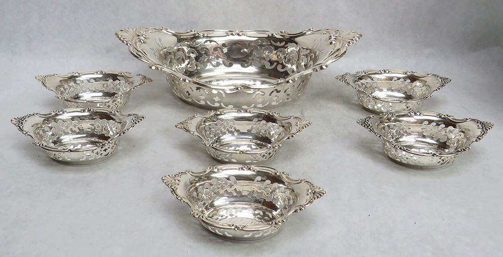 GORHAM STERLING SILVER RETICULATED 7 PIECE NUT DISH SET WITH MASTER DISH