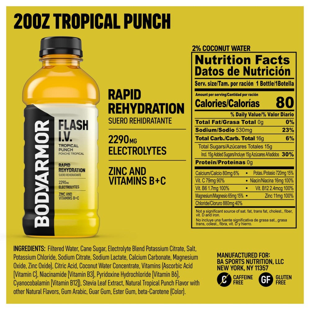 BODYARMOR Flash I.V. Electrolyte Beverage, Tropical Punch, Hydration Drink wi...
