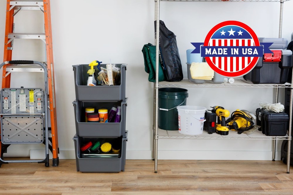 Mighty Tuff Large Gray Plastic Bin – Nesting Stack Storage, Durable All-Purpose