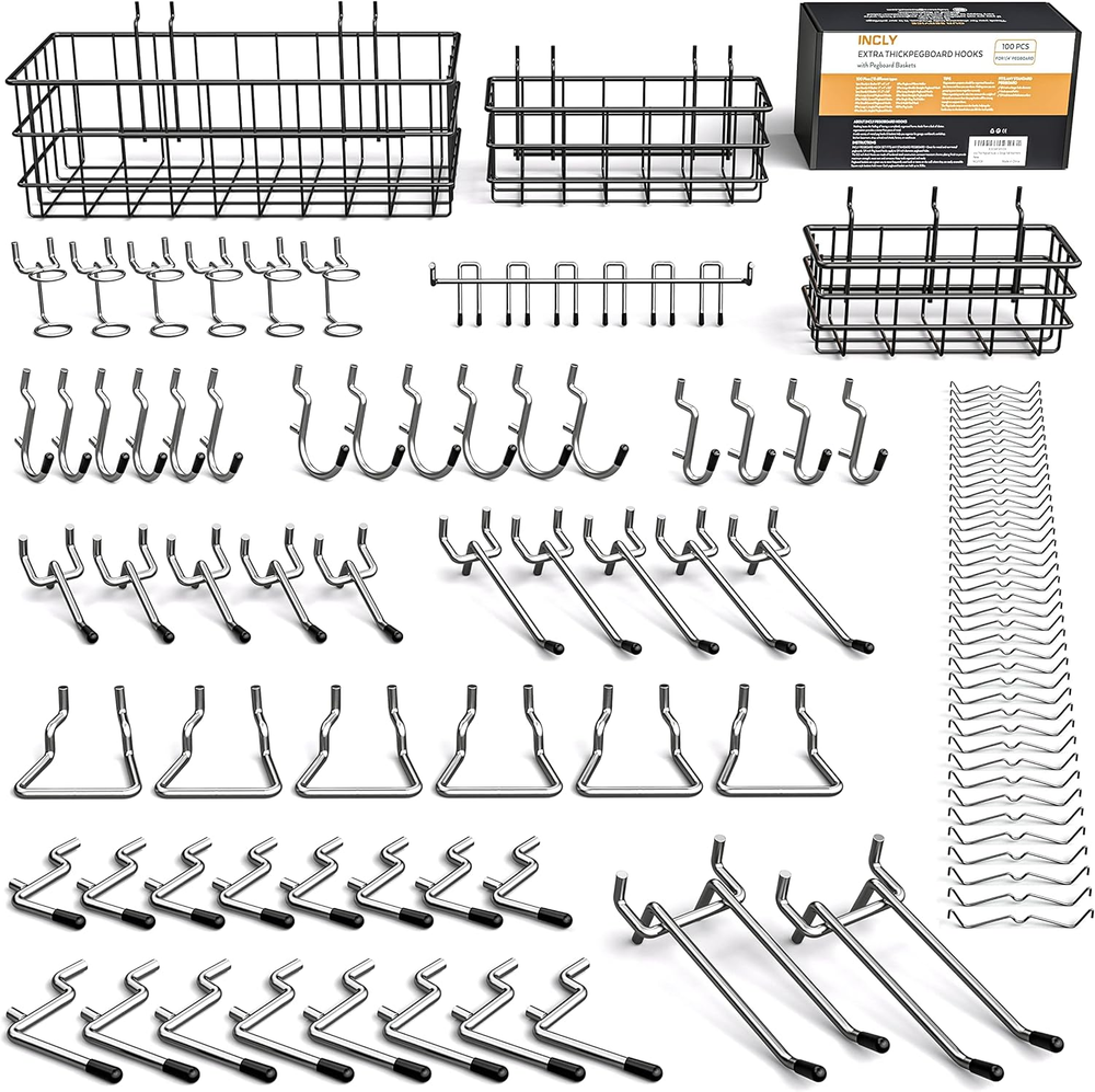100 PCS Extra Thick Pegboard Accessories Kit, Heavy Duty Peg Board Hook Set with