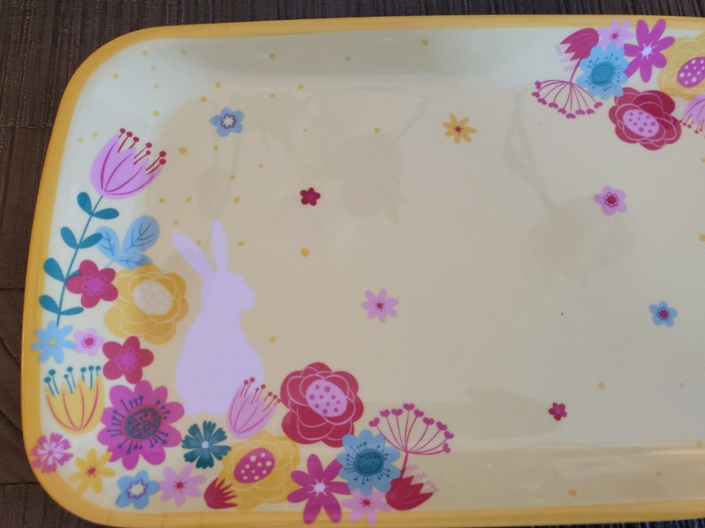 YELLOW with Multicolor FLORAL & White RABBIT Melamine SMALL SERVING PLATTER Tray