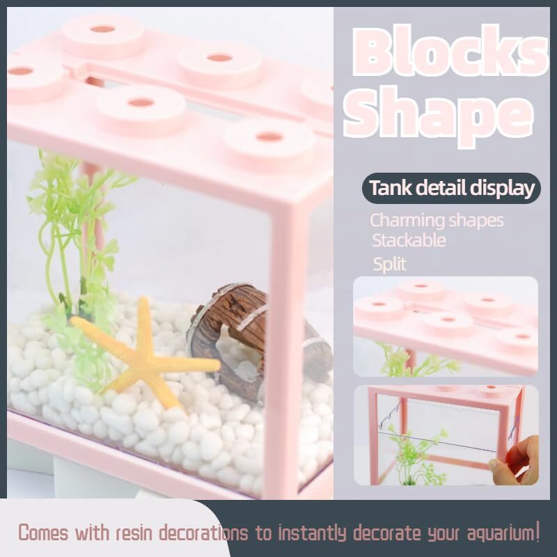 Small Betta Fish Tank, Stackable Mini Fish Tank Tiny Aquarium Tank Kit Pink