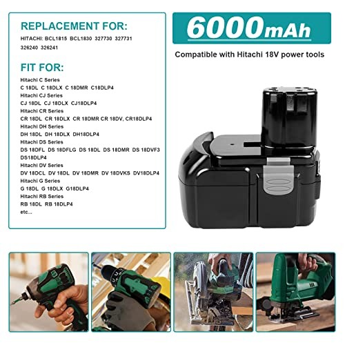 [2Pack] 18V 6.0Ah! High-Output Battery for Hitachi Power Tools BCL1815 Pack 2